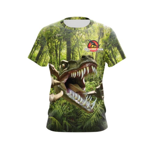 Image of Styrassic Park T-Shirt features a T-Rex Maul on a jungle background