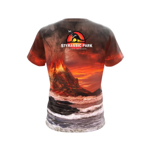 Image of Styrassic Park T-Shirt features T-Rex on a fiery volcanic background - back
