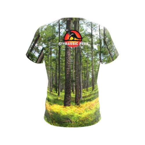 Image of Styrassic Park T-Shirt with Triceratops in the forest - back