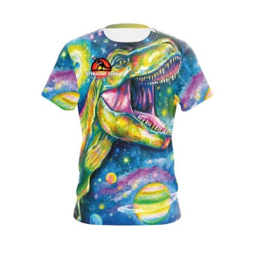 Image of Styrassic Park Tshirt T-Rex in an artistic, colorful style