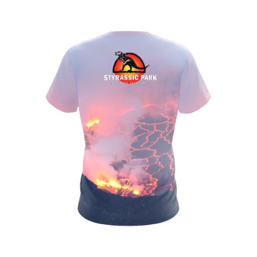 Image of Styrassic Park T-Shirt features Spinosaurus on a purple volcano background - back