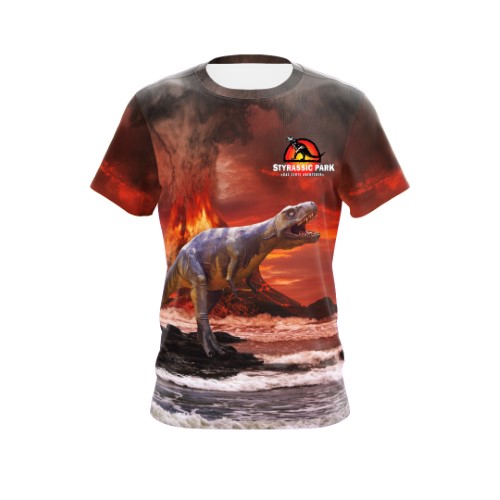 Image of Styrassic Park T-Shirt features T-Rex on a fiery volcano background