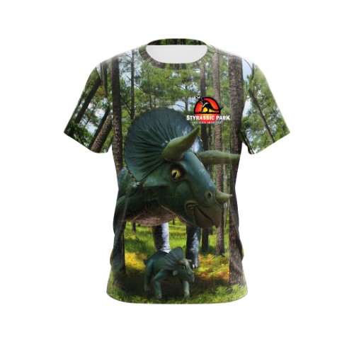 Image of Styrassic Park T-Shirt with Triceratops in the forest