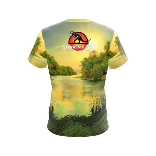 Image of Styrassic Park Spinosaurus T-Shirt with sunny sunrise - back