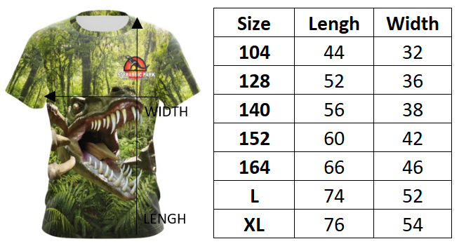 Image of Styrassic Park T-Shirts Size Chart
