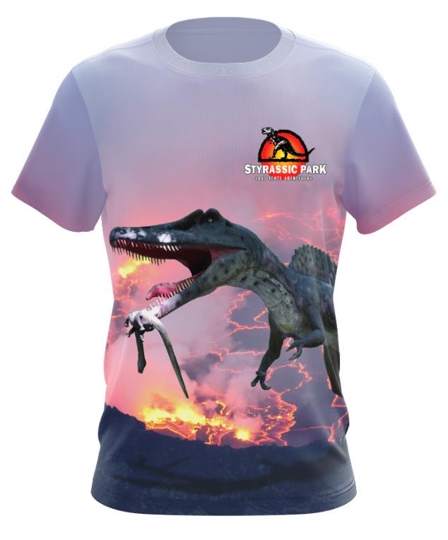Bild von Styrassic Park T-Shirt mit Spinosaurus auf lila Vulkanhintergrund