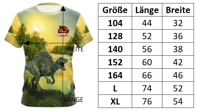 Bild von Größentabelle der Styrassic Park T-Shirts