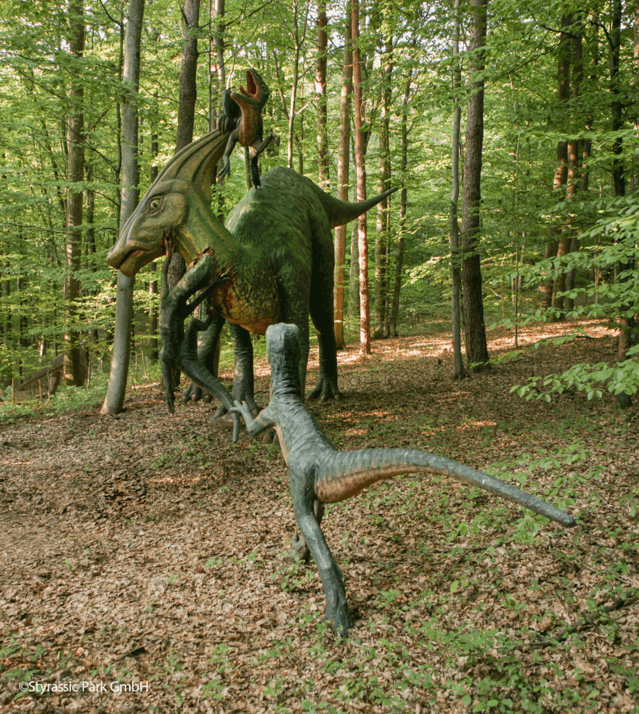 Bild vom Parasaululophus mit Raptoren im Styrassic Park